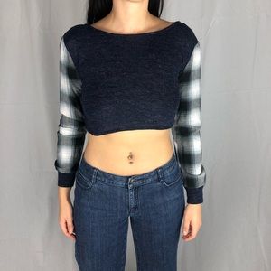 Blue Plaid Long Sleeve Crop Top